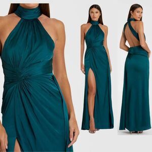 Mac Duggal 11642 Size 2 Blue Open Back‎ High Neck Side Ruched Gown Maxi Dress